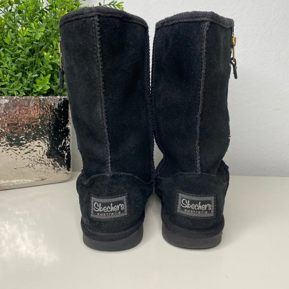 Skechers Australia Black Suede Zip Studded Tall Boots Size Cottagecore‎ Cozy 8.5